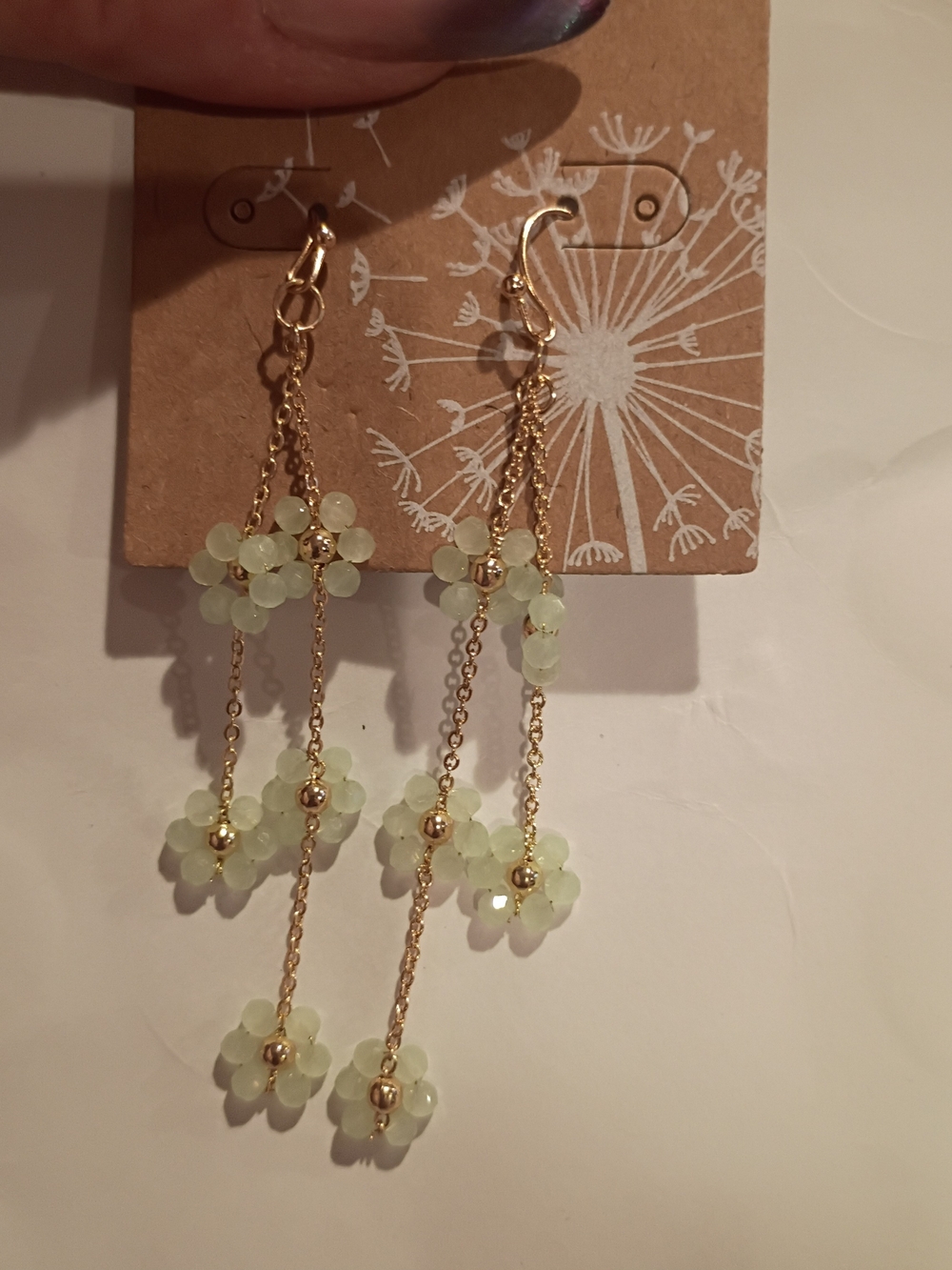 Gold & Pale Green Beaded Dangle Earrings - Delicate Floral Drops